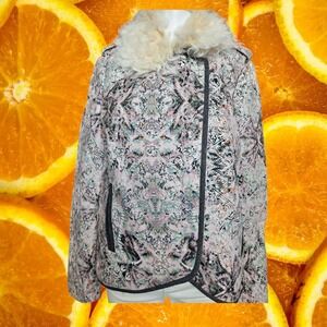 elevenses Floral‎ Print Jacket Faux Fur Collar Asymmetrical Zip Size 10